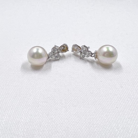 White 14K and Sterling Silver CZ Drop Faux Pearl Earrings - Picture 6 of 6